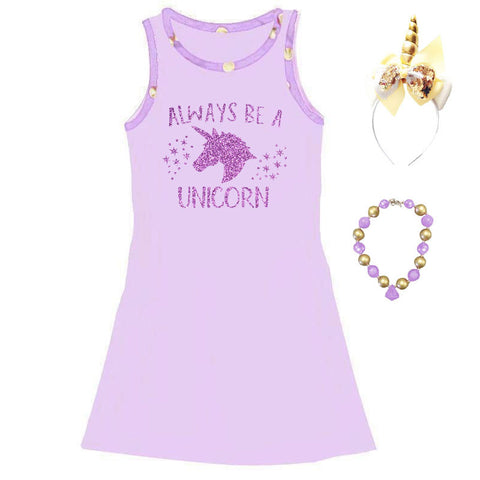 Always Be A Unicorn Lavender Dress Gold Polka Dot