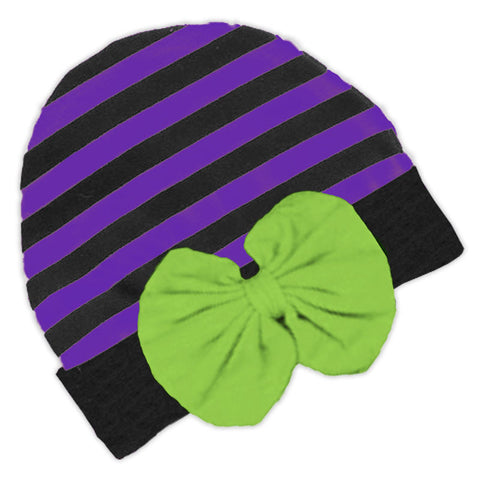 Black Purple Stripe Green Bow Beenie Hat