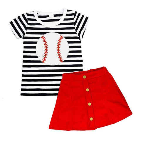 Black Stripe Baseball Outfit Button Red Top And Skirt