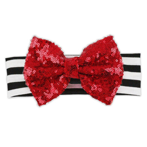 Black Stripe Red Sequin Bow Headband