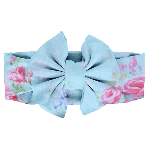 Blue Polka Dot Pink Floral Messy Bow Headband