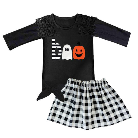 Boo Plaid Outfit Pumpkin Black Lace Flower Top And Skirt