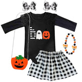 Boo Plaid Outfit Pumpkin Black Lace Flower Top And Skirt