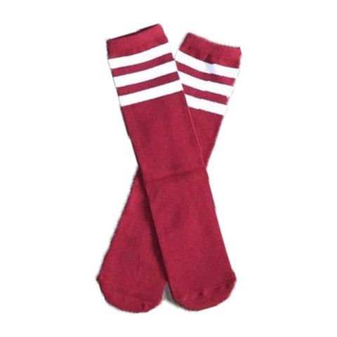 Burgandy White Stripe Long Socks