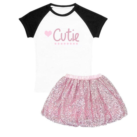 Cutie Heart Outfit Black Raglan Pink Sequin Top And Skirt