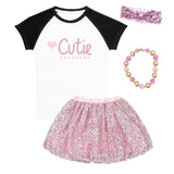 Cutie Heart Outfit Black Raglan Pink Sequin Top And Skirt