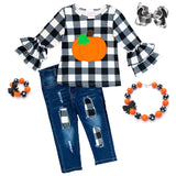 Denim Pumpkin Plaid Outfit Ruffle Top And Pants