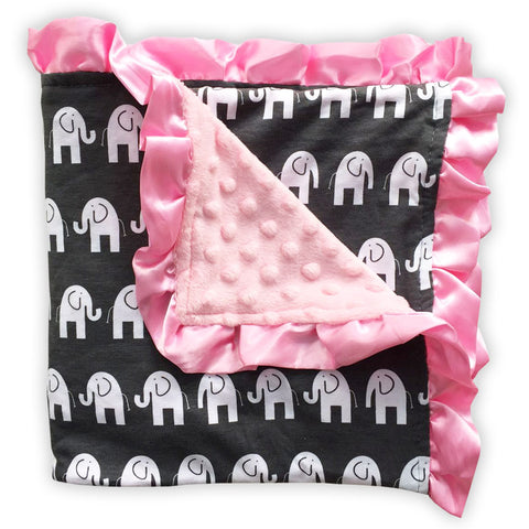 Gray White Elephant Pink Minky Blanket