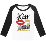 Kiss Me At Midnight Shirt Gold Sparkle Black Raglan Mommy Me