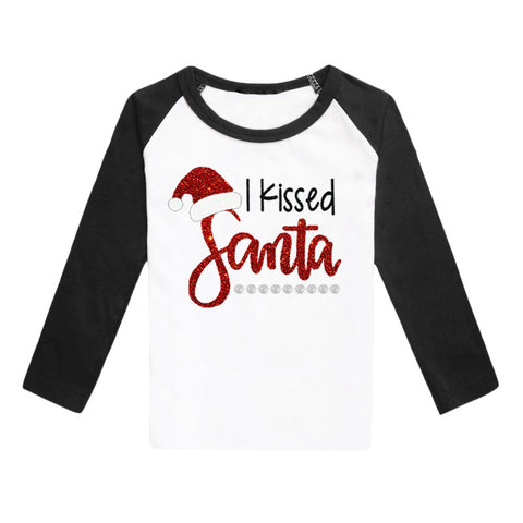 Kissed Santa Shirt Black Raglan Red Sparkle Mommy Adult