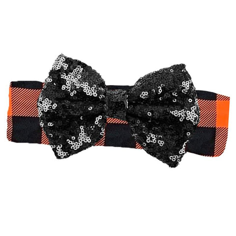 Orange Plaid Black Sequin Bow Headband
