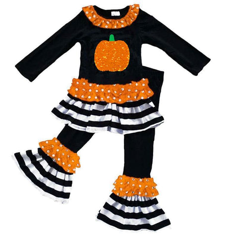 Pumpkin Flip Sequin Outfit Black Stripe Ruffle Top And Pants