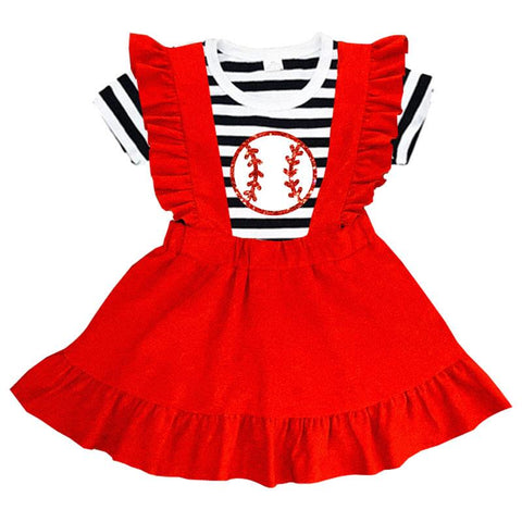 Red Suede Baseball Outfit Stripe Top And Jumper