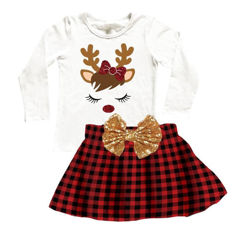 Reindeer Buffalo Checkered Plaid Outfit Gold Bow Top And Skirt