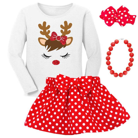 Reindeer Sparkle Outfit Red Polka Top And Skirt