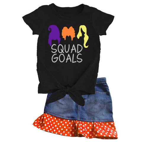 Squad Goals Denim Outfit Orange Polka Dot Top And Skirt