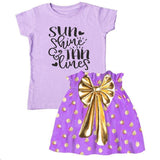 Sun Shine And Tan Lines Outfit Purple Gold Top And Skirt