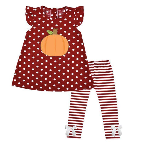 Thanksgiving Pumpkin Outfit Burgandy Stripe Polka Dot Top And Pants