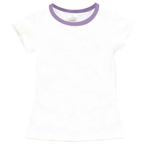 White Shirt Lavender Purple Neckline Cap Short Sleeve
