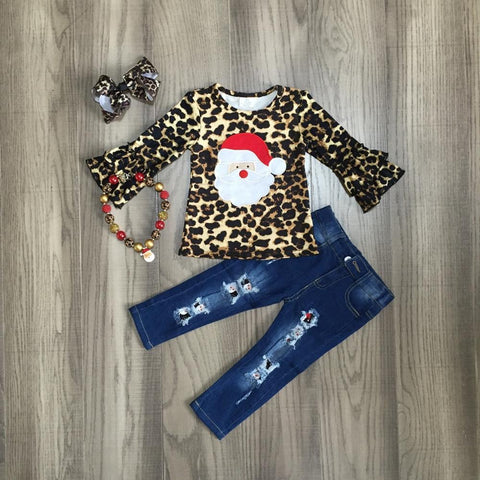Leopard Ruffle Santa Top Jeans Necklace And Bow Set